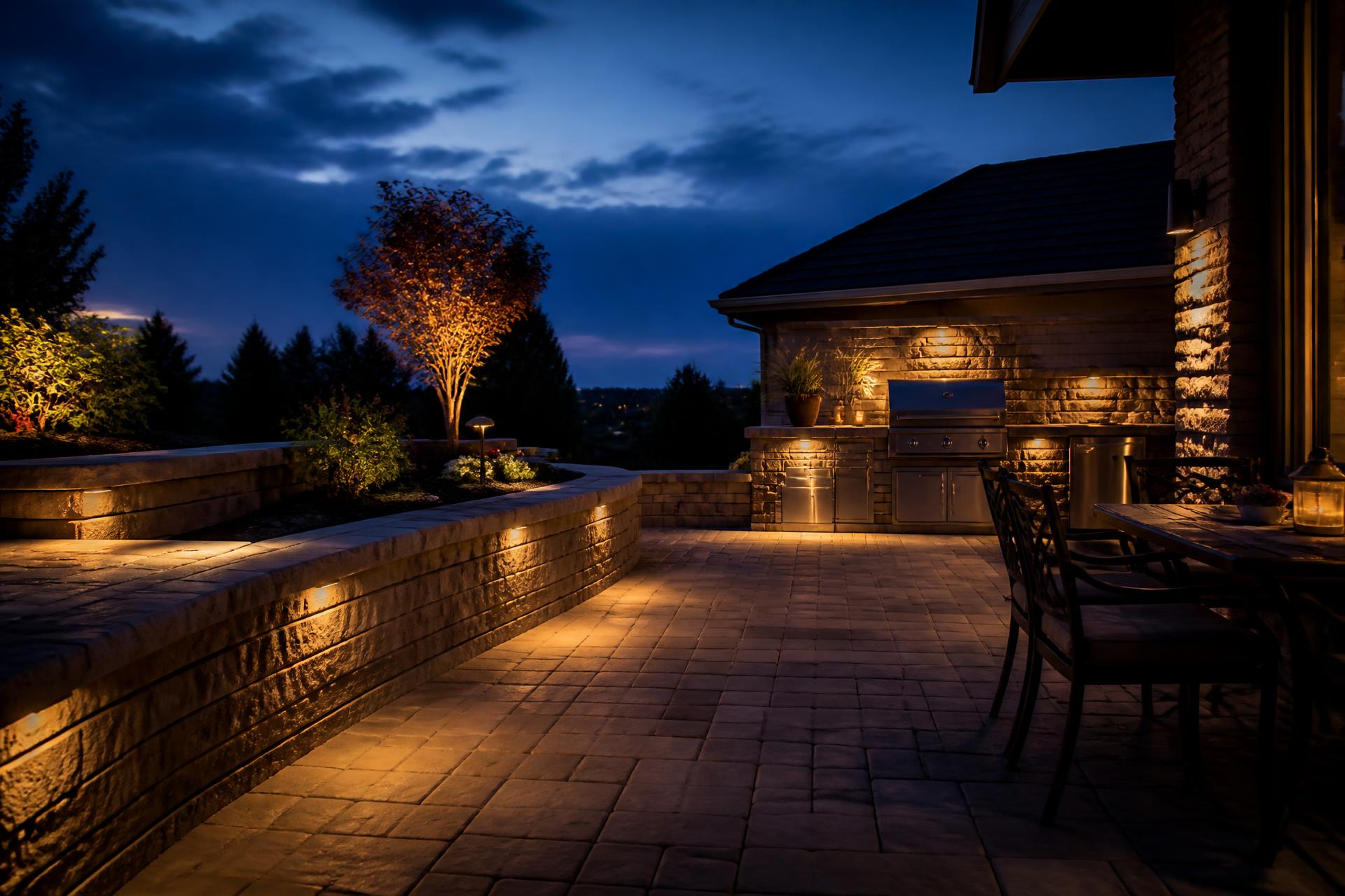 Illuminated paver patio, retaining wall, and outdoor kitchen at dusk