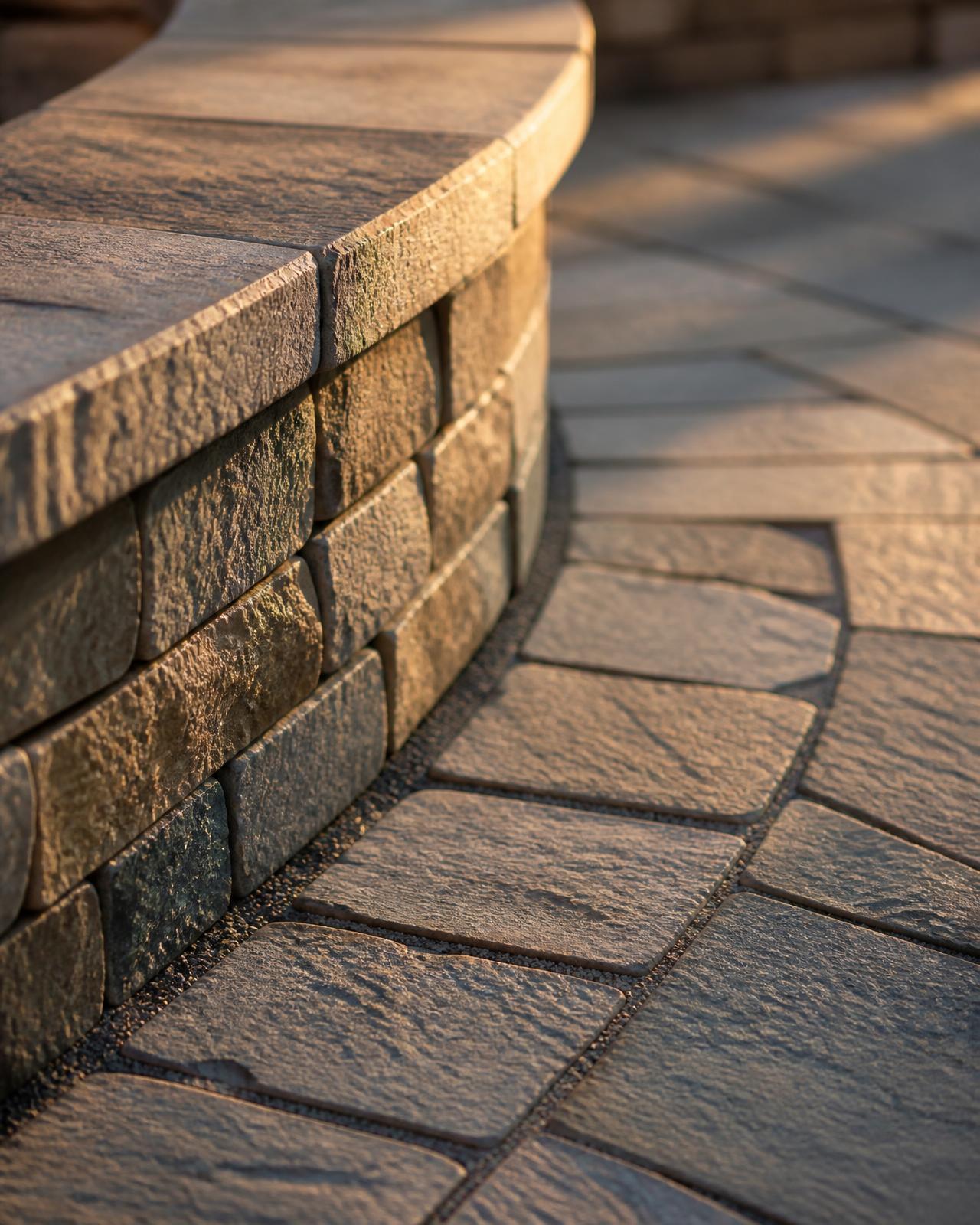 Close-up of precisely laid stone pavers and a seat wall in golden light