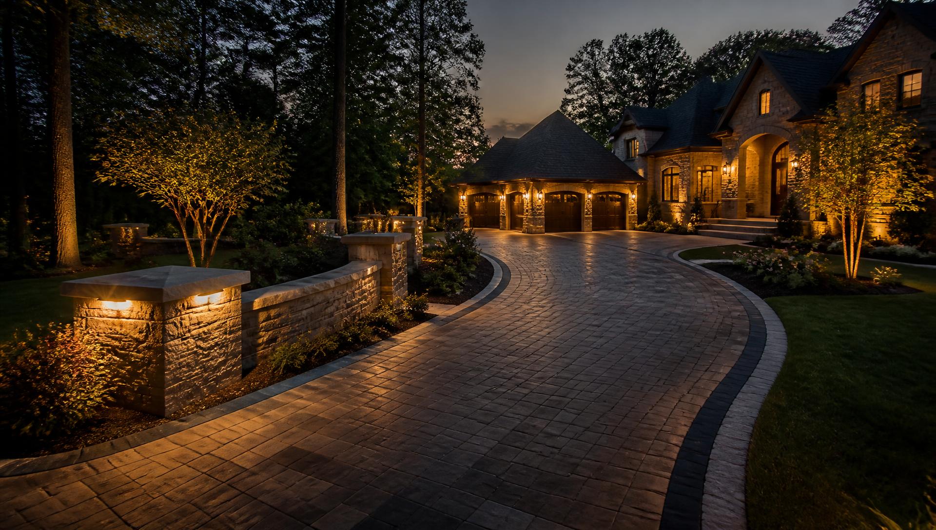 Completed premium paver driveway and lit retaining walls at twilight